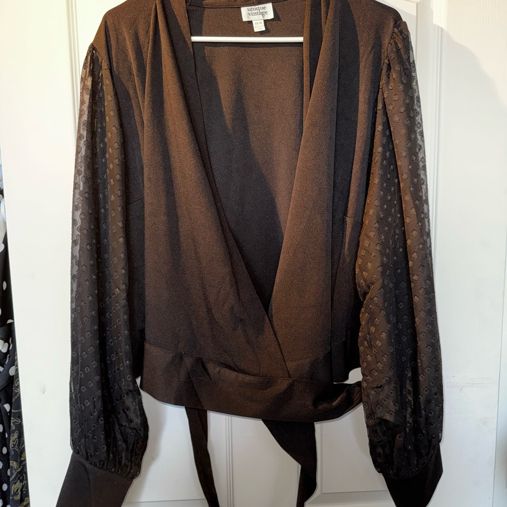 Unique Vintage Black Wrap Empire Waist Top with Sheer Patterned Sleeves